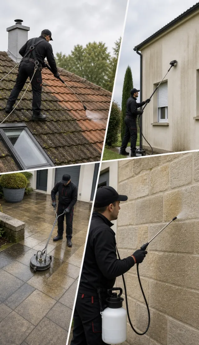 Nettoyage professionnel d'une toiture, d'une façade, d'une terrasse et application d'une protection extérieure